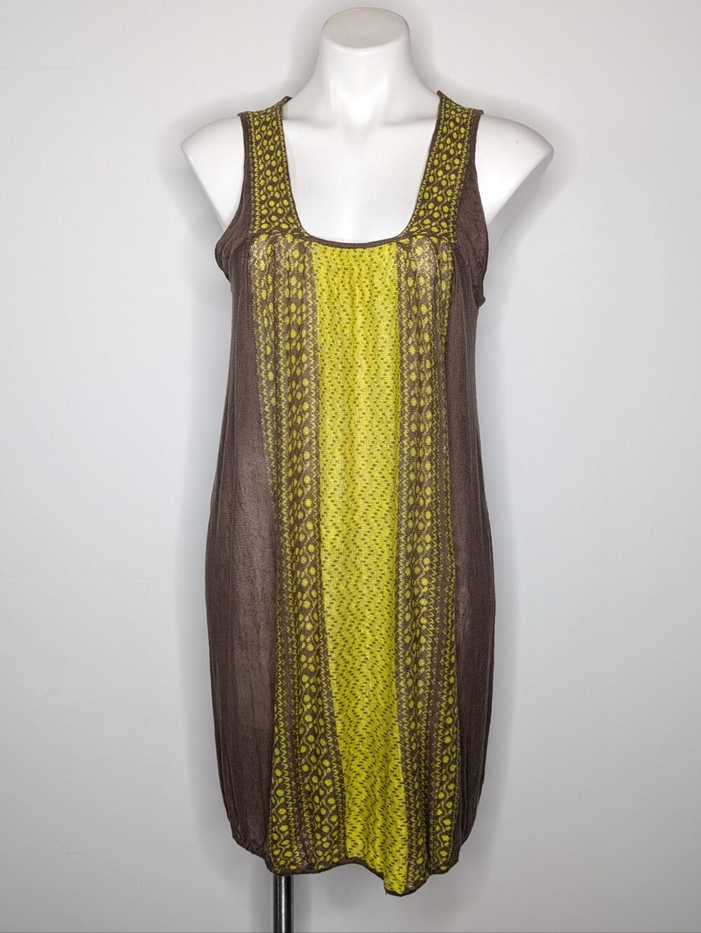 Free People Brown Yellow Loose Knit Sheer Scoop Neck Sleeveless Sweater Dress S